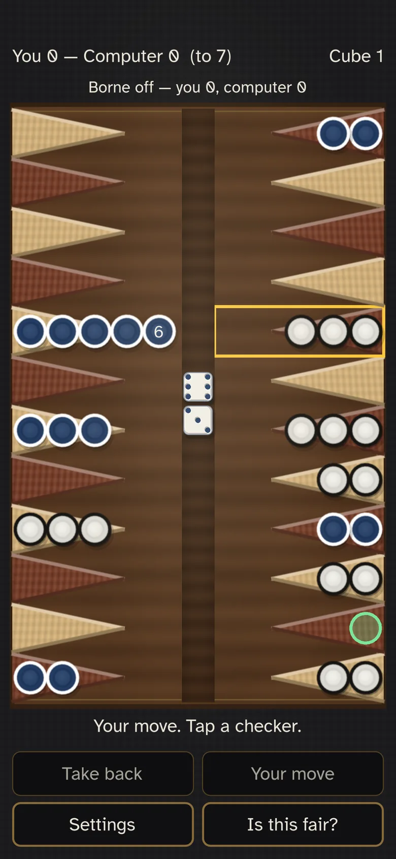 A backgammon board turned a quarter turn for a phone: twelve points down each side, the bar between them, checkers stacked inward.