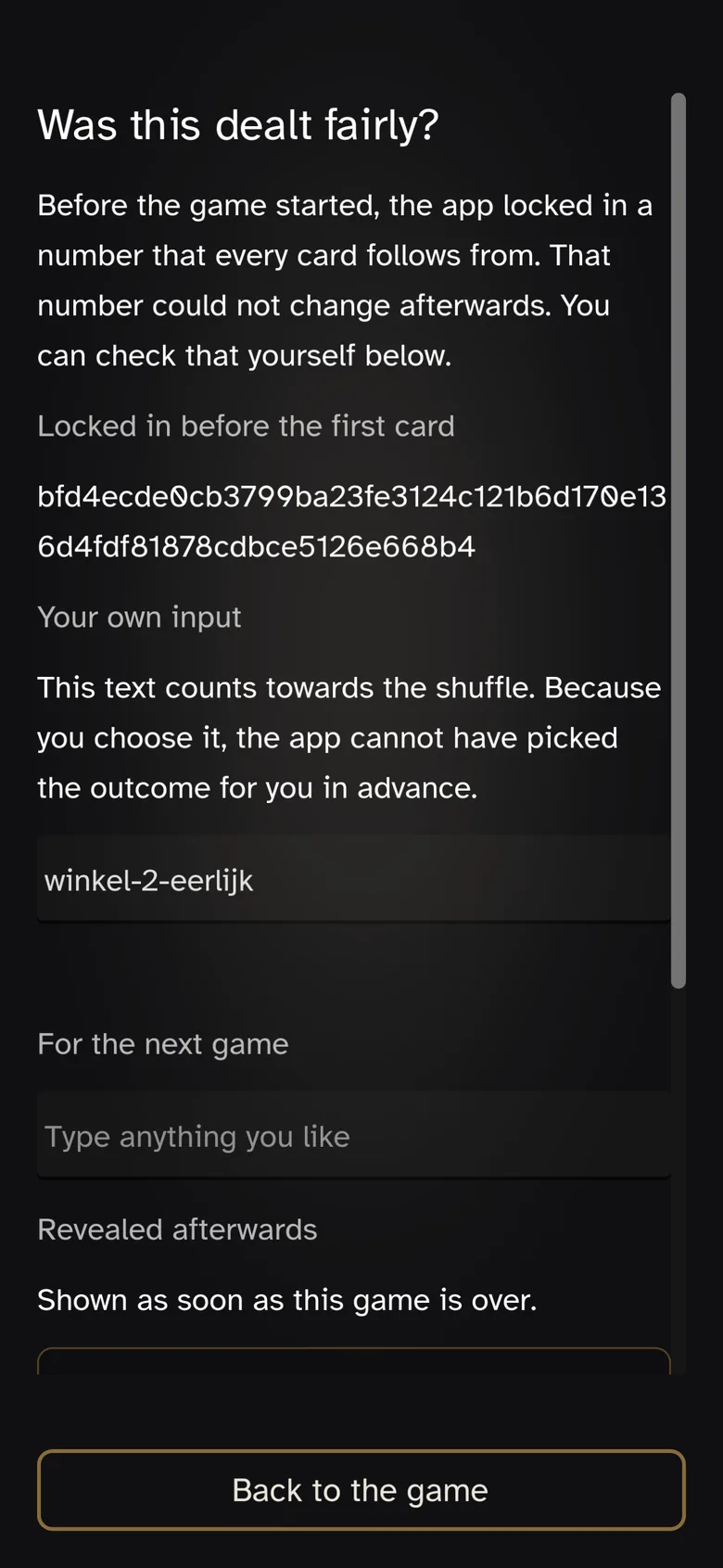 The fairness screen showing the commitment hash, the seeds, and the position in the stream.