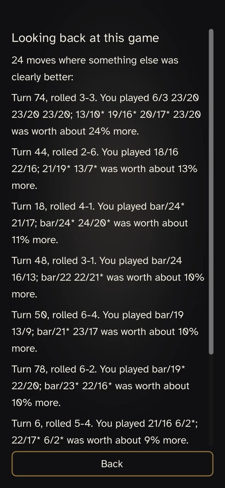The post-game analysis listing each move and how much it gained or lost.